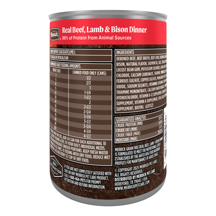 Merrick Grain Free 96% Real Beef, Lamb & Buffalo Canned Dog Food