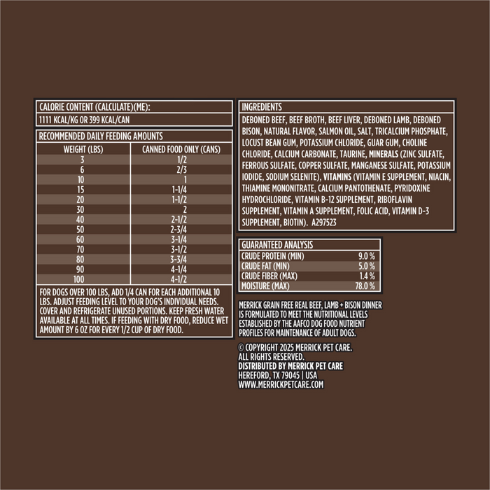 Merrick Grain Free 96% Real Beef, Lamb & Buffalo Canned Dog Food