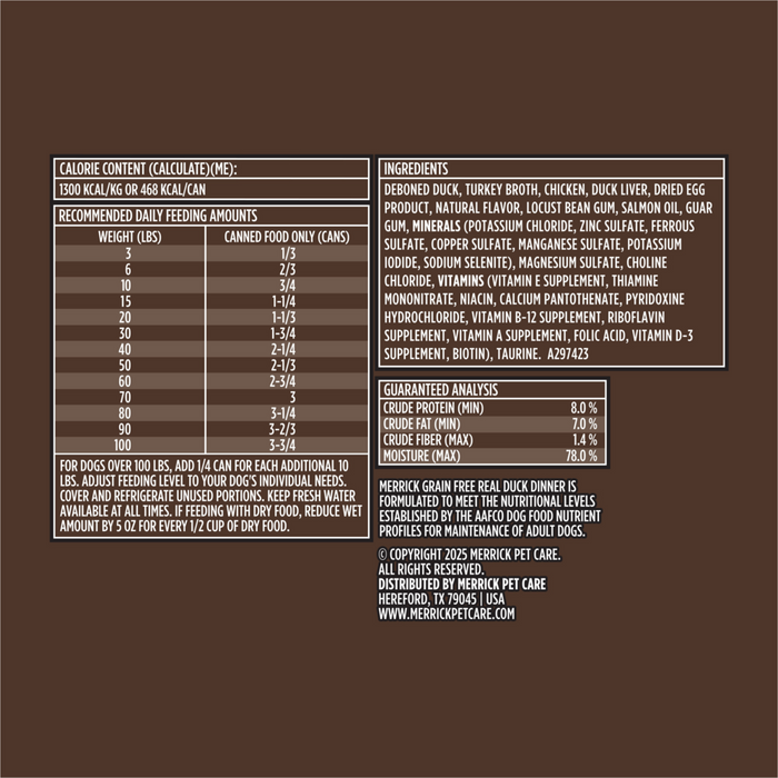 Merrick Grain Free 96% Real Duck Canned Dog Food
