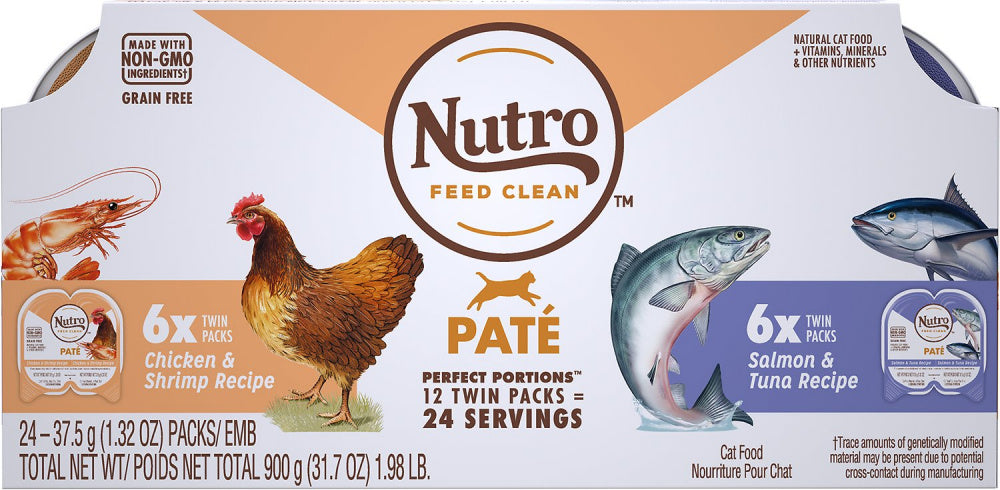 Nutro Perfect Portions Grain Free Salmon & Tuna and Chicken & Shrimp Pate Wet Cat Food Tray Variety Pack